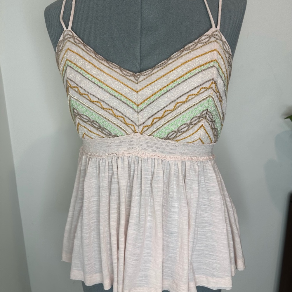 Free People Well Traveled Strappy Pink Embroidered Linen Cotton Tank Large - Picture 3 of 14